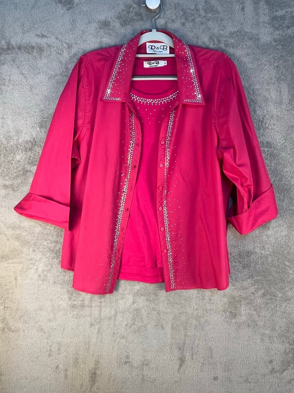 VTG R&B California 2 Piece T-Shirt Blouse Set XL Pink Rhinestone Bling Western